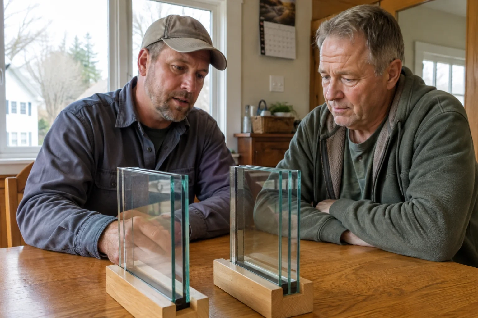 Two people reviewing layered glass samples on wooden stands.