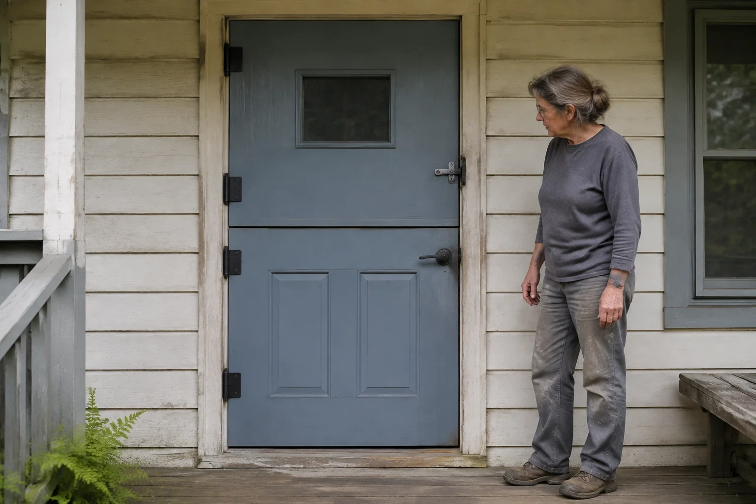 Woman looking at the horizontal division of a closed blue Dutch door.