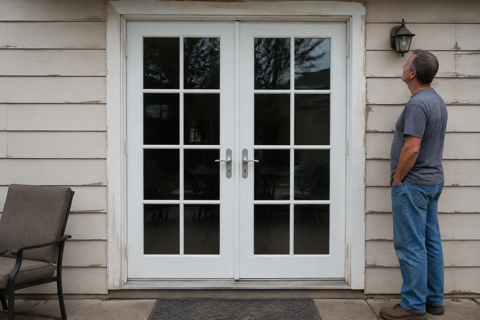 Man looking at the upper trim of paired white glazed French doors.