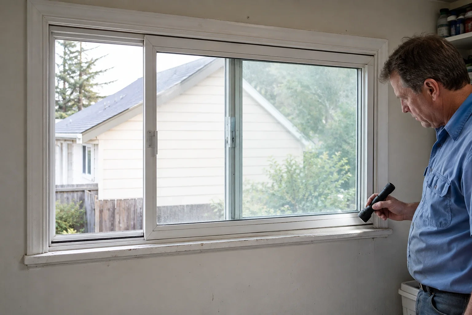 Man examining the lower track of a partially open horizontal sliding window.