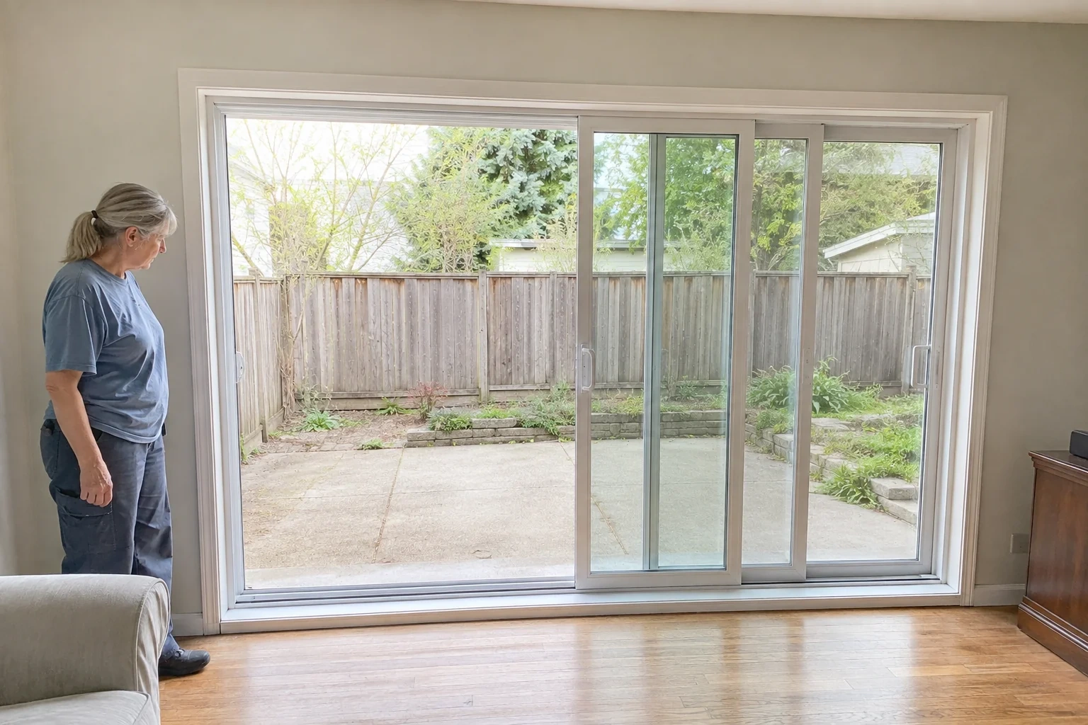 Woman examining a wide patio opening with overlapping sliding glass panels.