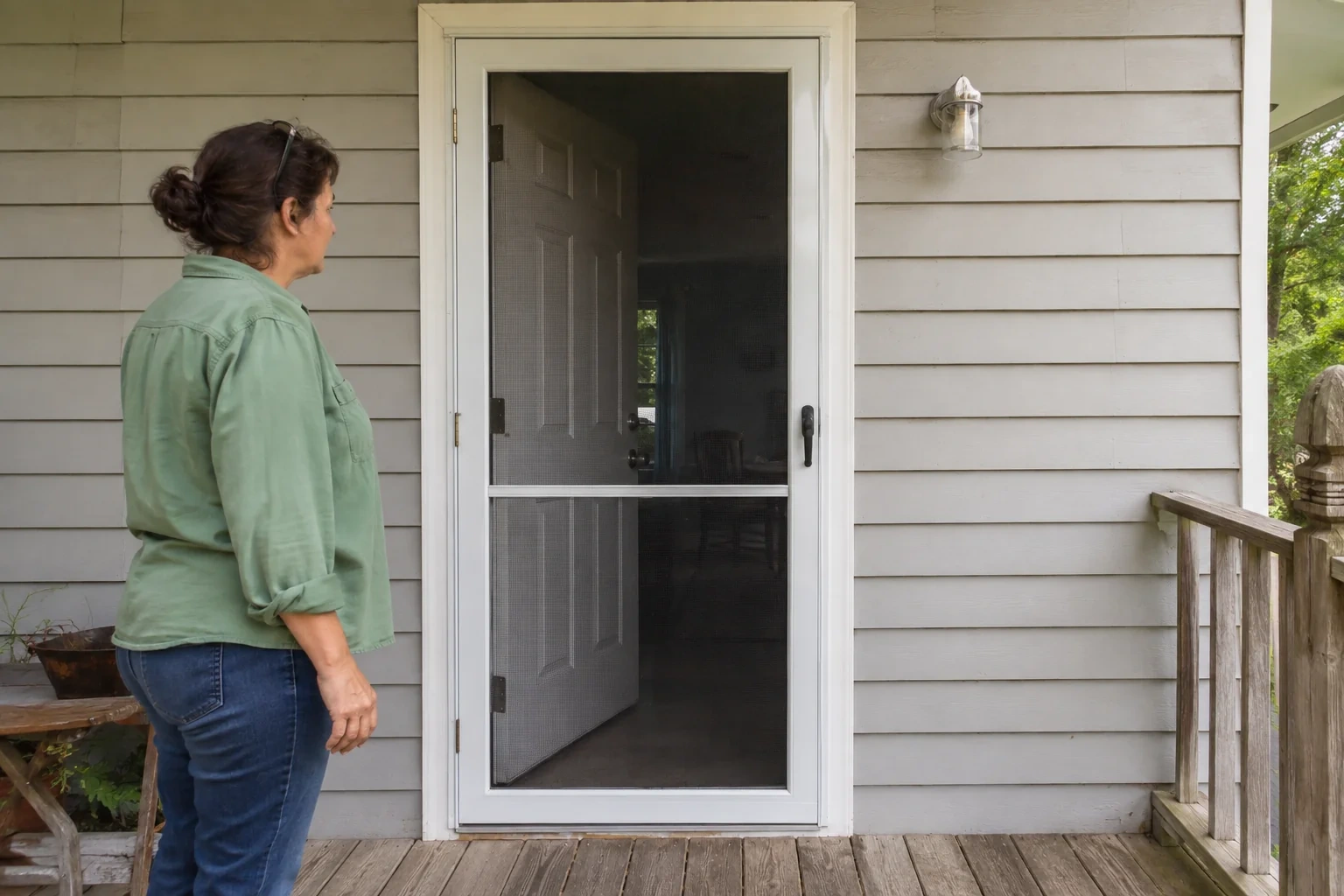 Woman examining a white-framed mesh screen door.