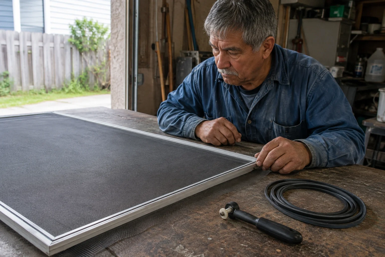 Technician examining a mesh window screen beside spline and a roller tool.